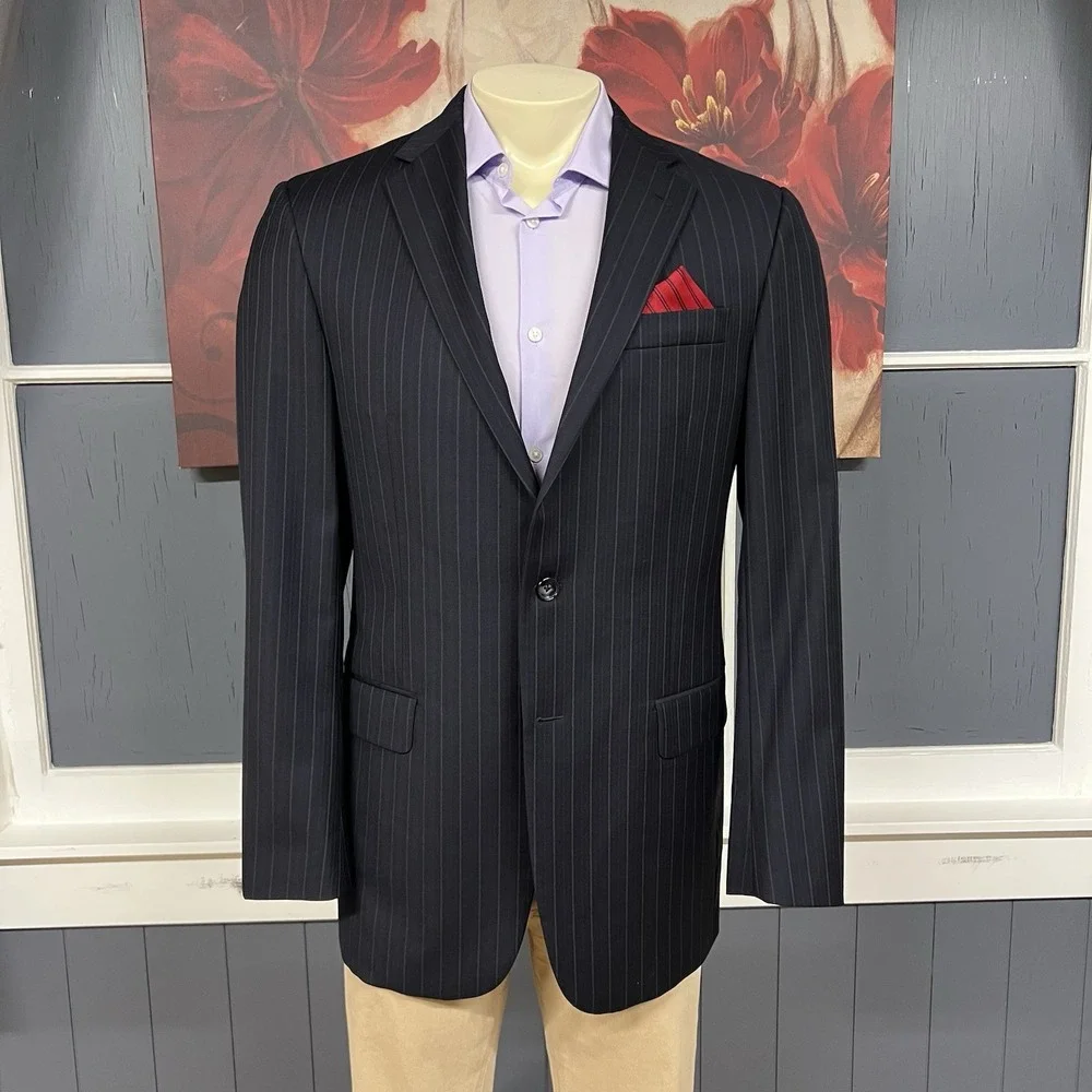 Hickey Freeman (Actual Sz 40R) Suit Men Pleated Pants 33x32 (Unhemmed) Dark Navy